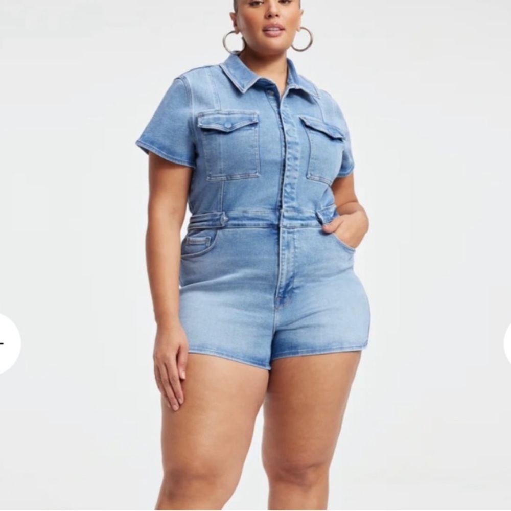 Good American Cotton Blend Fit For Success Short Stretchy Denim Jumpsuit NWT 5X